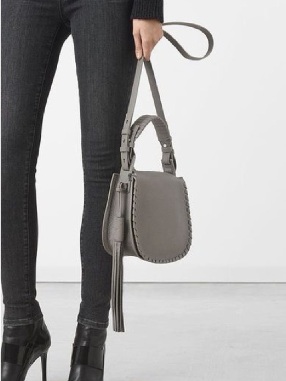All Saints BLACK Mori Genuine Leather Crossbody Bag with Whipstitch & Tassel